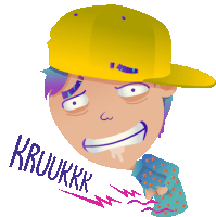 a cartoon drawing of a boy with a yellow hat and the words kruukkk