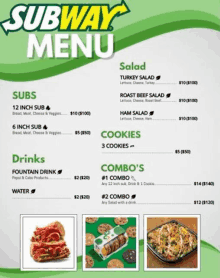 a subway menu with a variety of subs , salads , drinks , and cookies .