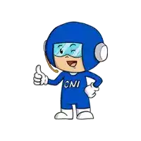 a cartoon character is wearing a blue helmet and goggles and giving a thumbs up .