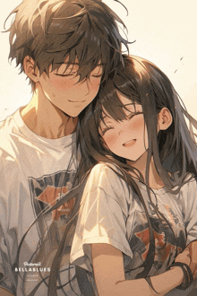 a boy and a girl are hugging and the girl is smiling