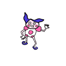 a drawing of a pink and purple clown with polka dots on a white background