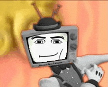 a black and white cartoon character with a tv head and a hat .