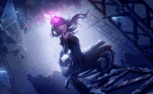 a girl with purple hair is sitting in a dark room with a purple light behind her