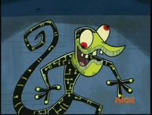 a cartoon lizard with red eyes and a swirl tail is on a nickelodeon screen .