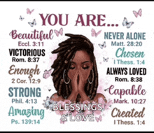 a poster that says you are beautiful never alone victorious enough strong capable amazing blessings and love