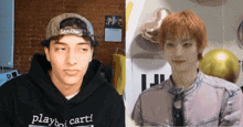 a man wearing a hat that says canada is next to another man wearing a playboi carti hoodie