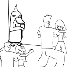 a black and white drawing of a group of people standing around a penguin wearing a party hat