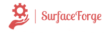 a logo for surface forge with a hand and gear