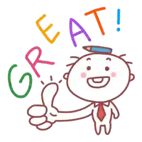 a cartoon character giving a thumbs up with the word great written above him