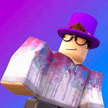 a roblox character with a purple top hat and glasses