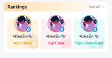 a screenshot of a website showing the rankings for top 1 gifter and top 1 star and top 1 contributor