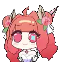 a cartoon girl with long red hair and cat ears is smiling .