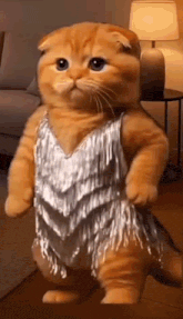a cat is standing in a living room wearing a silver dress .