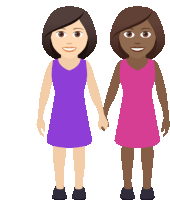 two women in purple and pink dresses hold hands