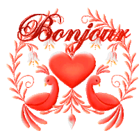 two red birds are surrounded by a red heart and the word bonjour