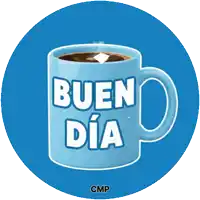 a blue cup of coffee says bueno dia on it