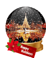 a snow globe with a happy holidays tag