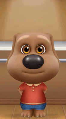 a cartoon dog wearing a red shirt and blue shorts is standing on a wooden floor