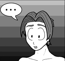 a black and white drawing of a man with a speech bubble above his head .