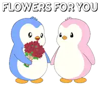 a blue penguin is giving a pink penguin a bouquet of roses with the words flowers for you below them
