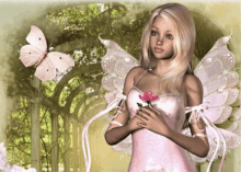 a fairy in a pink dress holds a pink flower