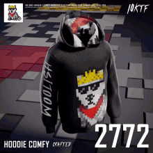 a black hoodie with a pixelated face and the number 27772