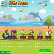 an advertisement for kids piano shows a train and animals