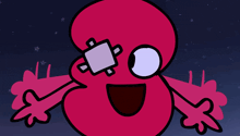 a pink cartoon character with a bandage on his eye