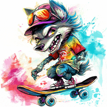 a drawing of a wolf riding a skateboard