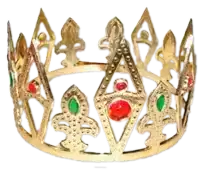 a gold crown with green and red stones