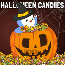 a penguin wearing a witch hat is sitting in a pumpkin filled with halloween candies