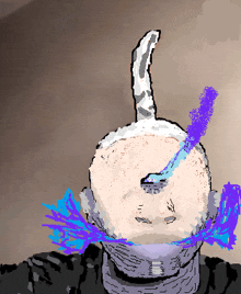 a drawing of a person 's head with purple and blue feathers coming out of it