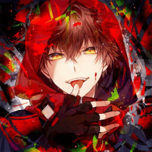 a boy with a red hood and yellow eyes is licking his finger