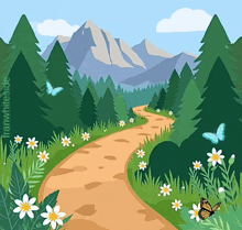 a cartoon illustration of a dirt road through a forest