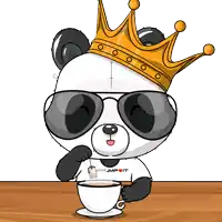 a panda bear wearing sunglasses and a crown is drinking from a cup of coffee