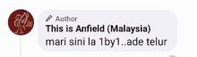 a screenshot of a text message from anfield , malaysia .