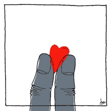 a drawing of two fingers holding a red heart with the name andy on the bottom right