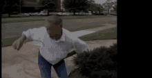 a man in a white shirt and blue jeans is standing on a sidewalk near a bush