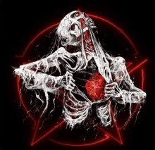 a skeleton is holding a knife in front of a pentagram and a heart .