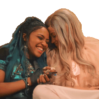 a woman with blue hair and a woman with blonde hair are hugging and smiling