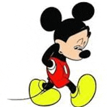 mickey mouse is wearing a red shirt and yellow shoes .