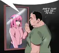 a cartoon of a man looking at a girl in a pink jacket