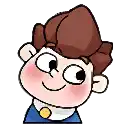 a cartoon of a boy with brown hair and a blue shirt .