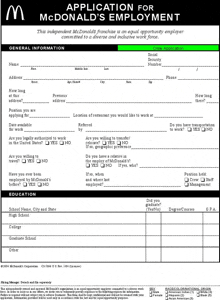 an application for mcdonald 's employment is filled out and ready to be filled out