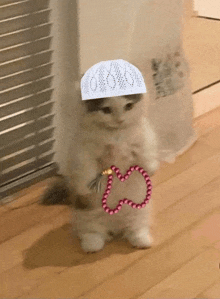 a white cat wearing a white hat and holding a heart shaped rosary