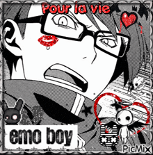 a black and white drawing of a boy with glasses and the words emo boy
