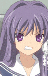 a girl with purple hair and purple eyes looks angry