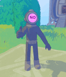 a cartoon character with a helmet that says no