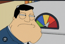 a cartoon of a man looking at a rainbow colored meter