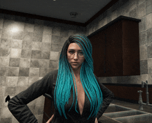 a woman with blue dreadlocks and glasses is standing in a kitchen